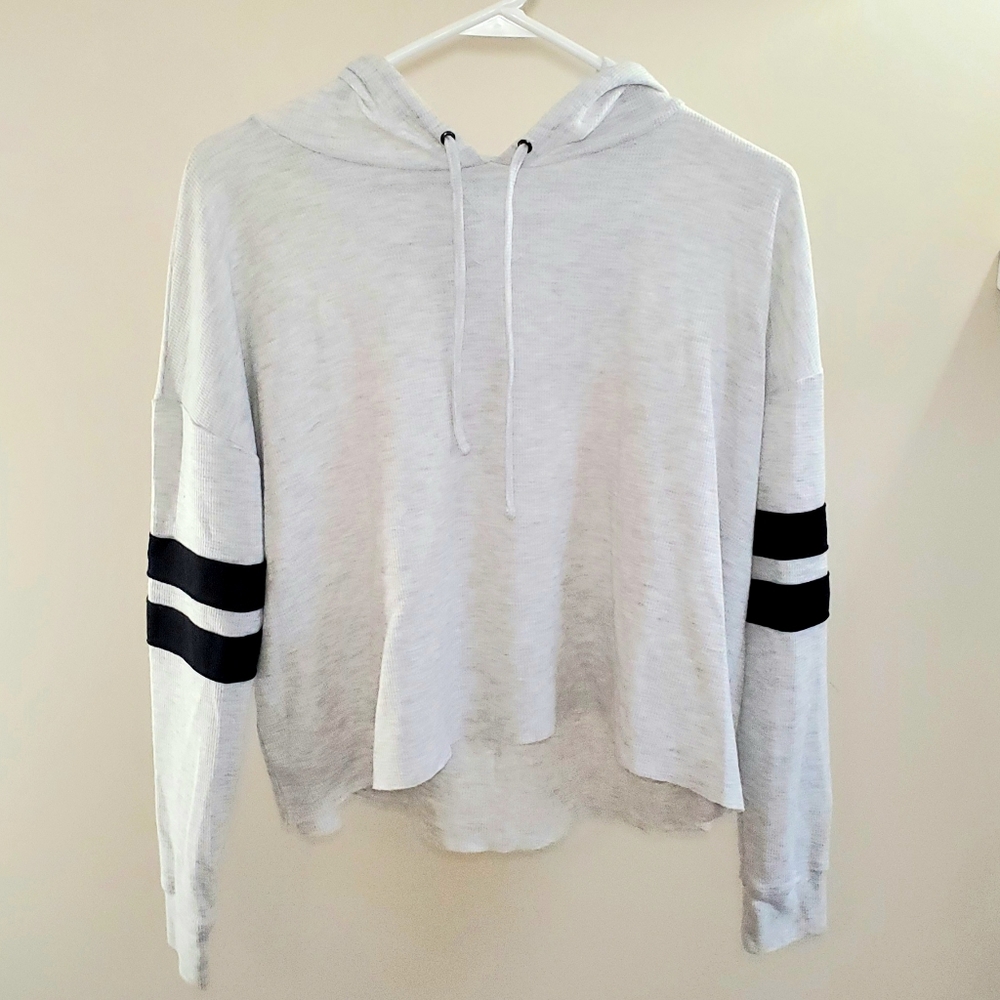 Cropped White and Black Hooded Long Sleeve Tee